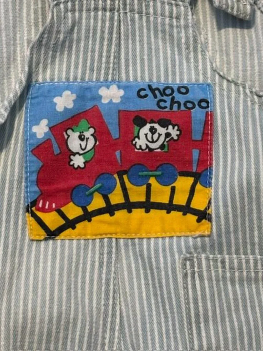 Vtg Hopscotch Mad USA Bubble Romper Pinstripe Train Railroad Primary Colors 6-9m